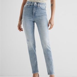 Express Super High Waisted Light Wash Ripped '90s Slim Jeans